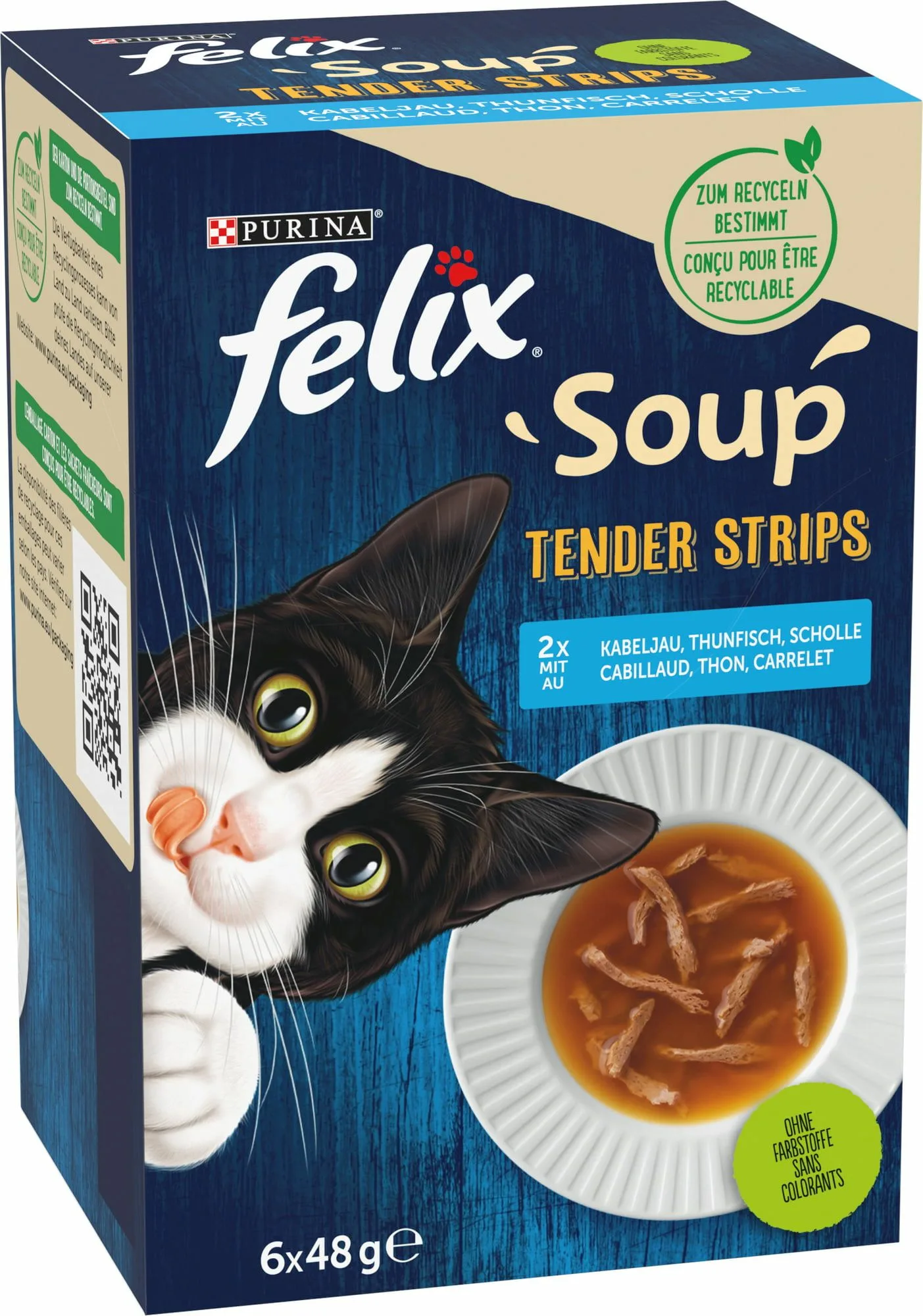 Katzenfutter: Felix Soup Tender Strips Suppe  Kabeljau, Thunfisch, Scholle