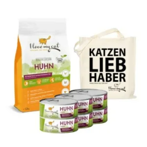 Katzenfutter: I love my cat ILMC set mit Huhn - Trockenfutter mit Huhn + Nassfutter mit Huhn + Jute Beutel