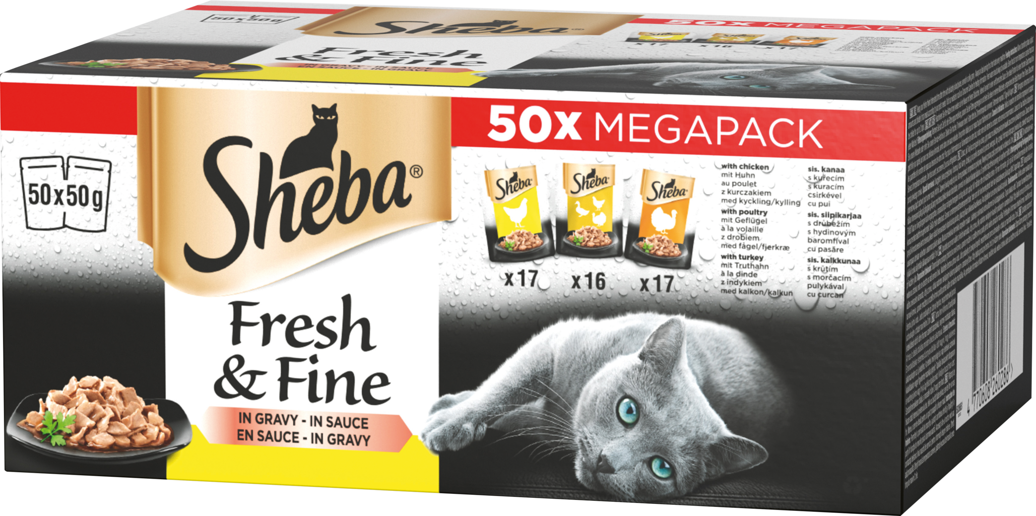 Katzenfutter: Sheba Mega Pack Fresh & Fine in Sauce mit Huhn, mit Geflügel, mit Truthahn 